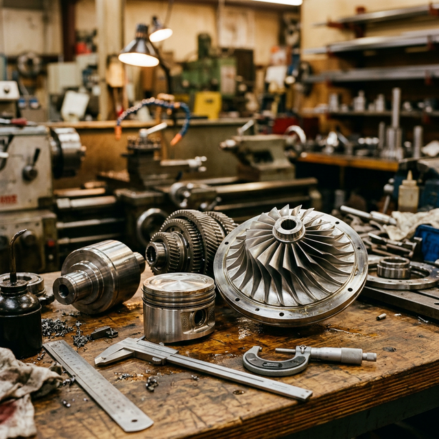 Close-up of precision train engine components and turbine parts being manufactured with CNC machined metal parts gears pistons and precision instruments on a workbench under dramatic macro photography with warm workshop lighting